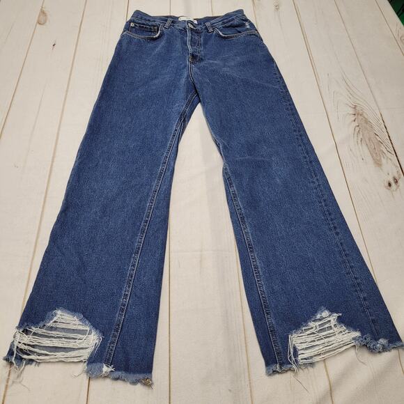 MNG high rise wide leg flare jeans button fly distressed hem rigid - Picture 1 of 12